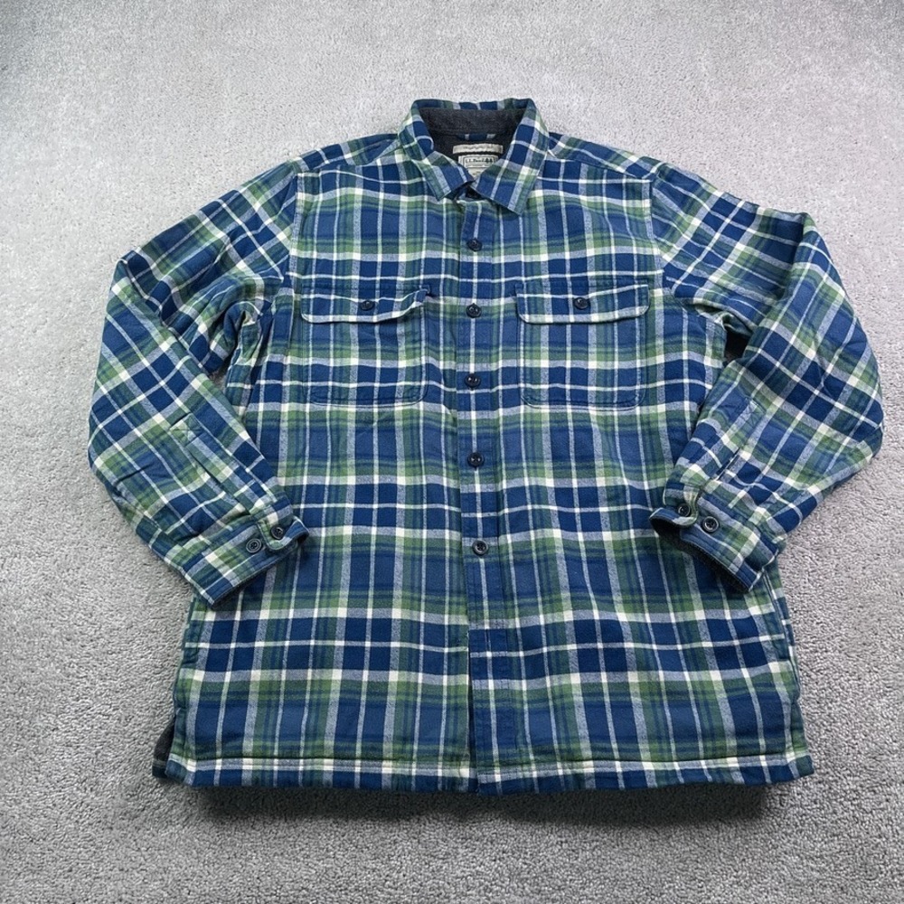 LL Bean Shirt Jacket Mens Medium Blue Plaid Flannel Fleece Lined Chore Shacket‎
